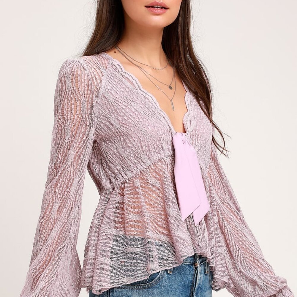 NWOT $128 Free People Luisa Lavender Lace Long Sleeve Babydoll Scalloped Top XS